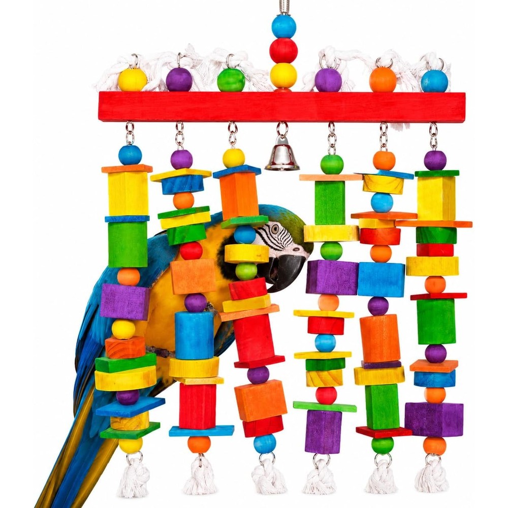 Zephyriel Extra Large Bird Toy For Macaws African Greys Cockatoos Heavy Duty Parrot Chewing Toy With Stainless Steel Chain And Natural Wood Blocks