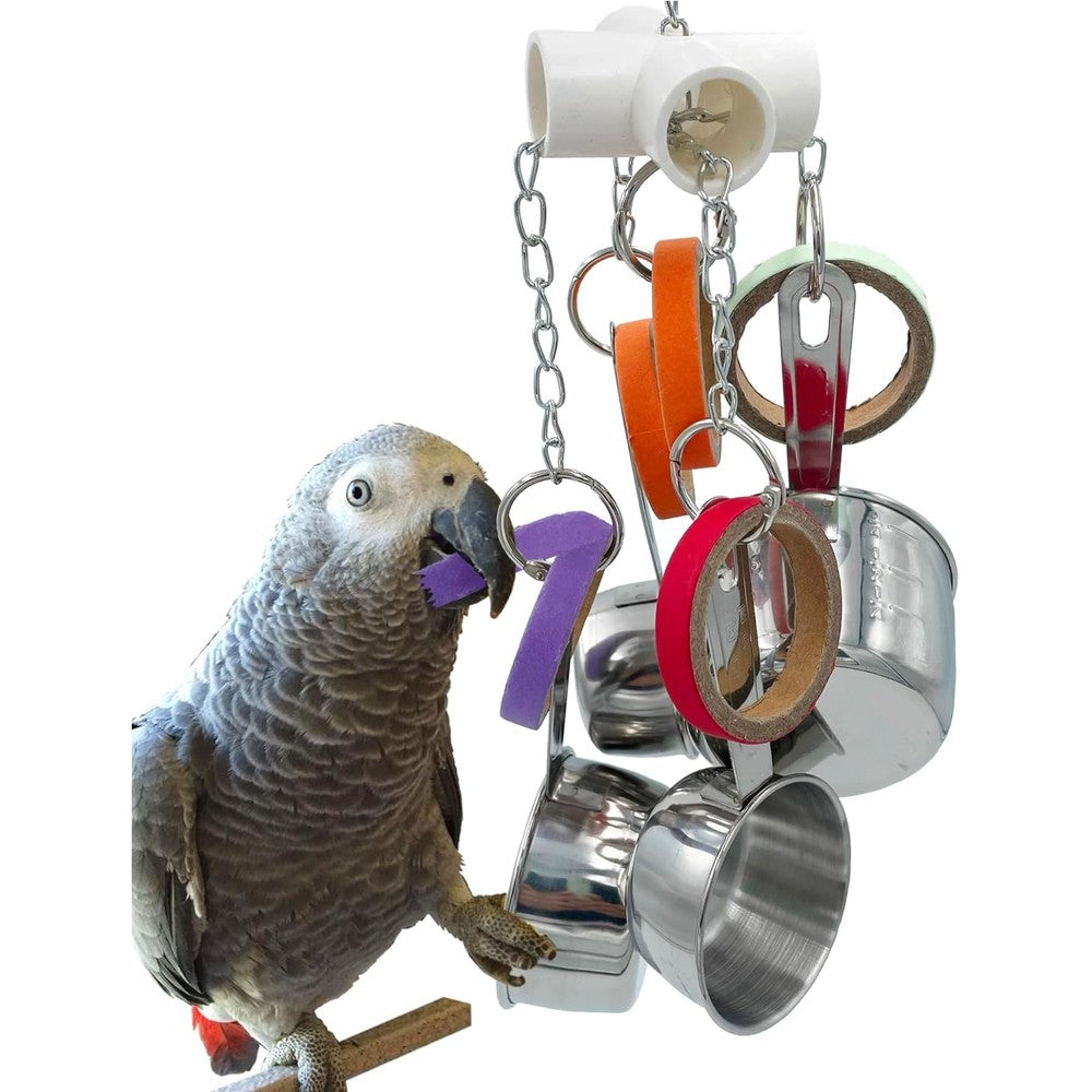 GILYGI Durable Bird Parrot Pots And Bagel Toy Pullable Stainless Steel Measuring Cups And Compressed Cardboard Ring Toy For Medium Parrots