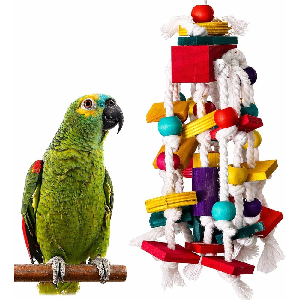 Rypet Bird Chewing Toy Multi Colored Wooden Blocks And Cotton Rope Knots Hanging Parrot Cage Bite Toy For Small And Medium Birds