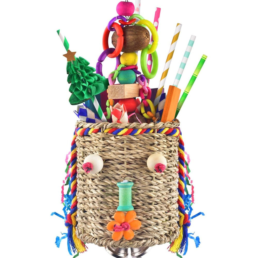 KATUMO Bird Foraging Toy Natural Seagrass Basket With Chewable Wood Blocks And Shredding Paper For Parakeets And Cockatiels One Count