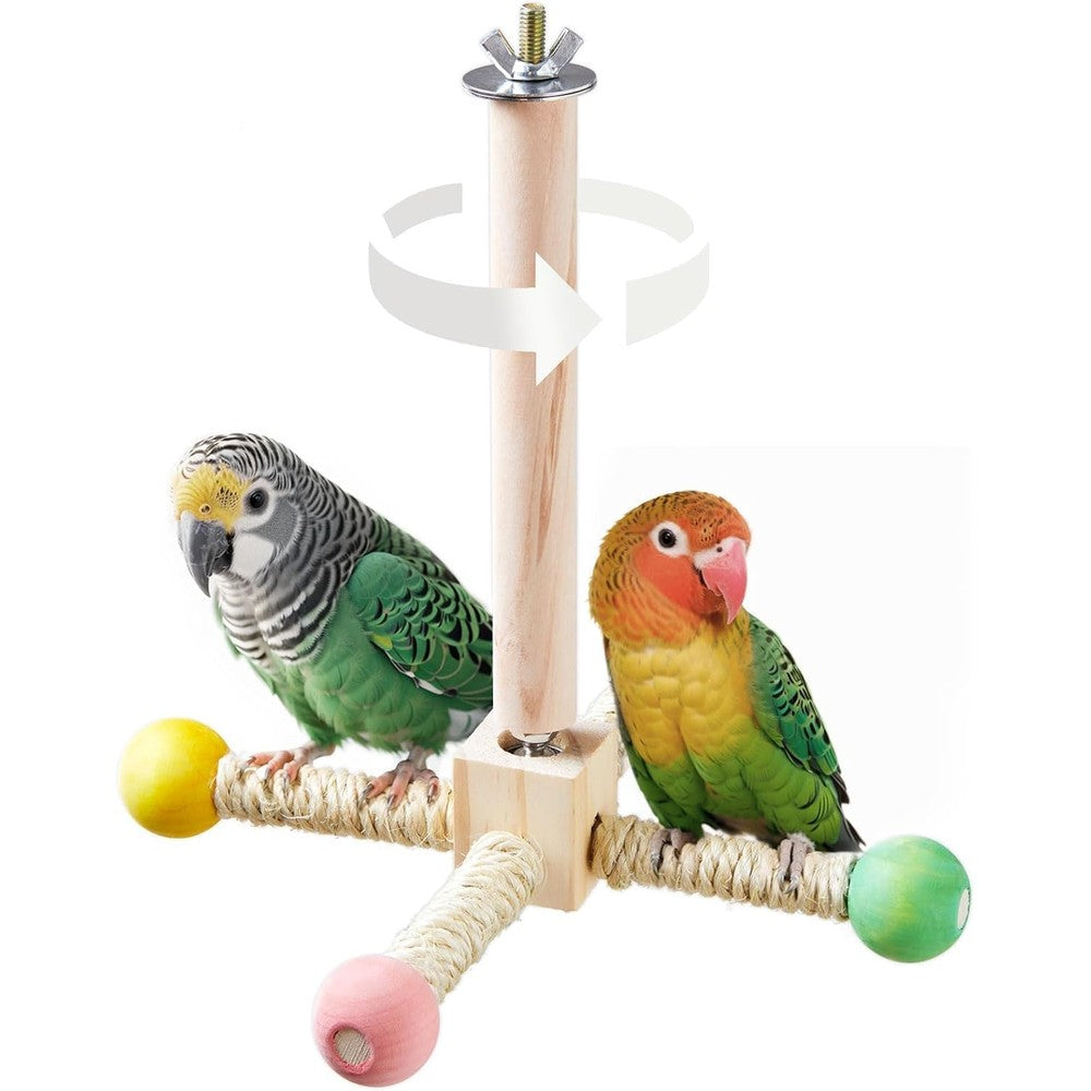Jevnd Bird Stand Perch Toy Interactive Spinning Wooden Exercise Wheel and Rope Ladder Boredom Buster for Parakeets and Cockatiels Small Size