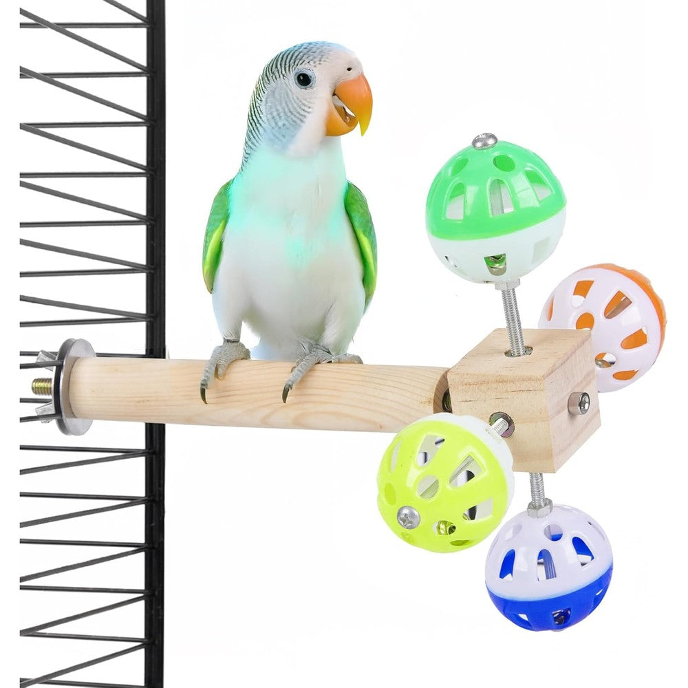 Matutinus Bird Stand Perch Toy With Rotating Balls And Bells Natural Pine Wood For Parakeets Cockatiels And Lovebirds One Piece