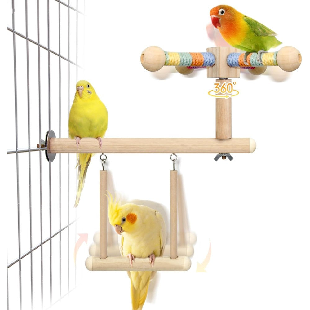 Jevnd Wooden Bird Perch And Swing Toy Combo With Three Hundred And Sixty Degree Spin Function For Cockatiels And Parakeets