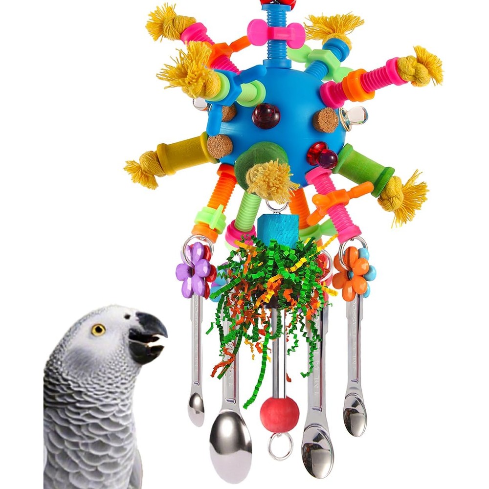 YIXUND Parrot Bird Toy Hanging Pullable Stainless Steel Spoons With Colorful Acrylic Sticks Foraging Holey Ball For Medium Parrots Blue Variant