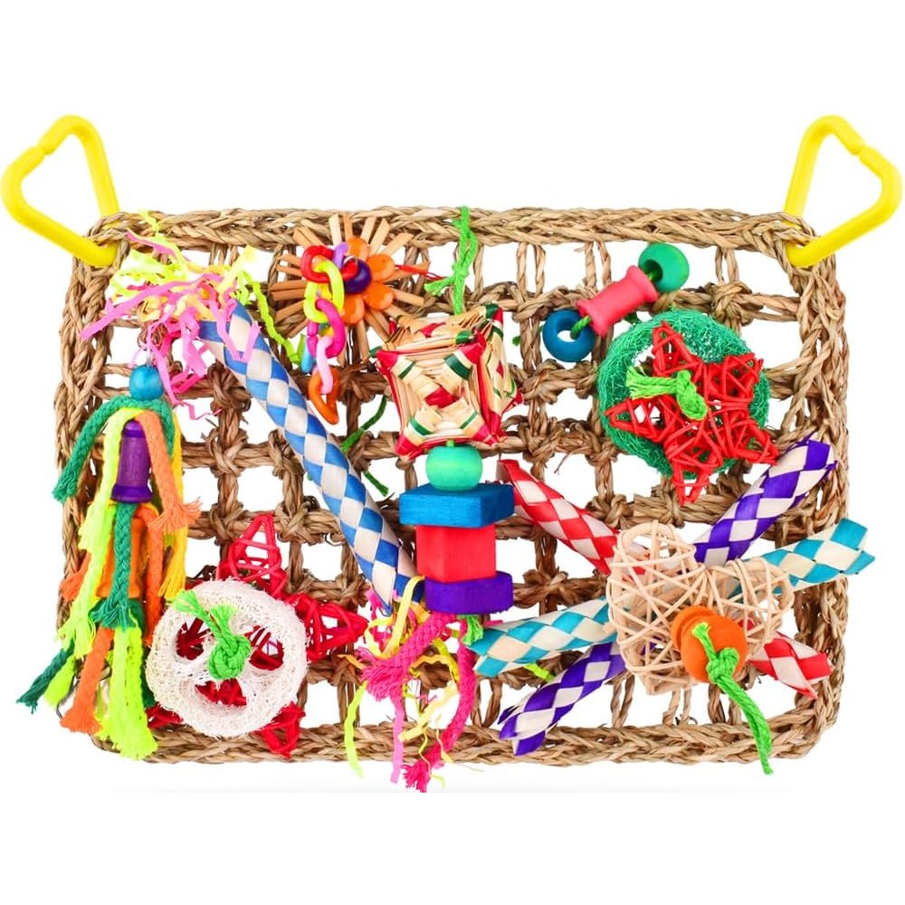 KATUMO Bird Foraging Wall Toy Edible Seagrass Woven Climbing Hammock Mat With Colorful Chewing Toys For Parakeets And Cockatiels 1 Count