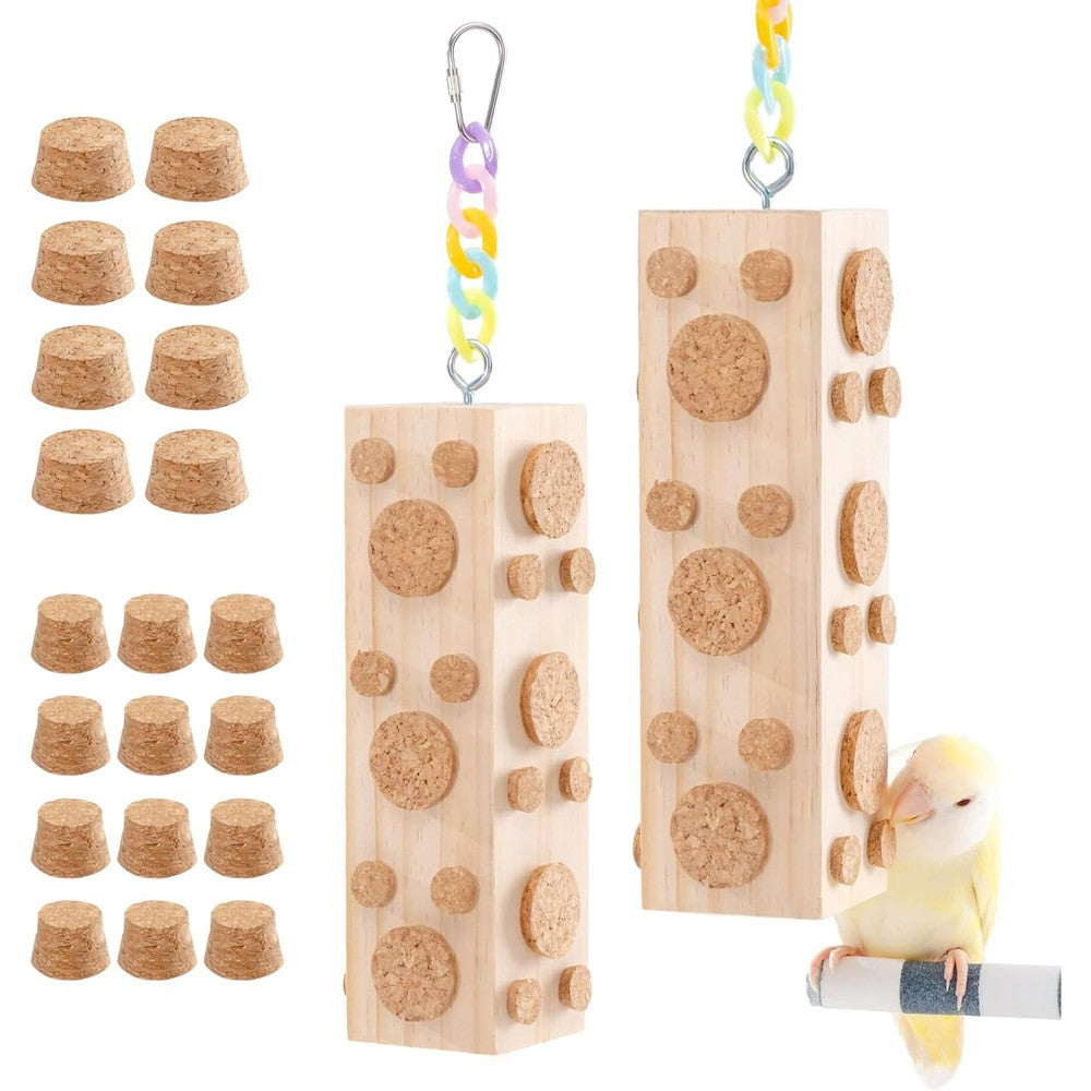 JONS NTY Hanging Bird Chew Toys Natural Wood Parrot Foraging Toy With Ninety Two Replaceable Corks For Parakeets And Cockatiels Two Pieces