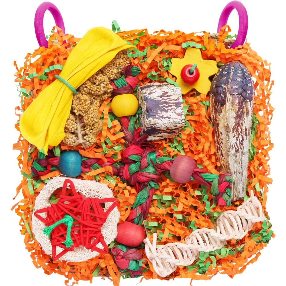 YIXUND Bird Toys For Small And Medium Parrots Natural Foraging Shredding Cage Hanging Toy With Seagrass Mat Starfruit Loofah Slices One Piece