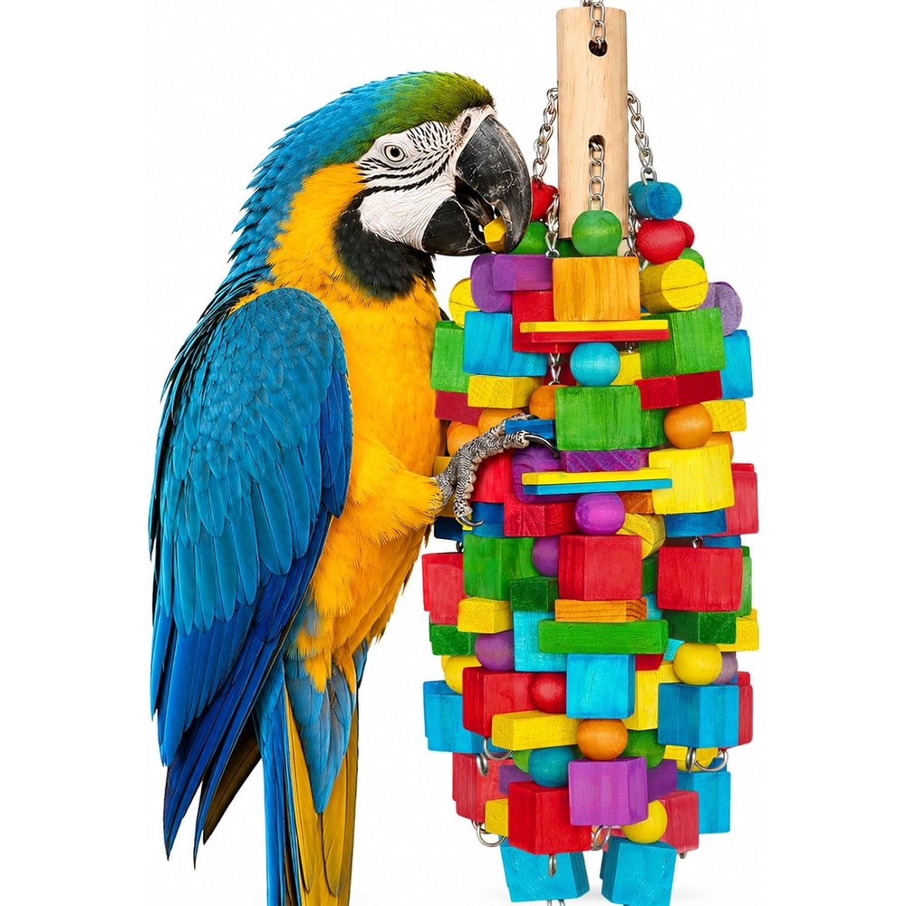 Zephyriel Extra Large Bird Toy Twenty One Point Six Inches Heavy Duty Natural Wood Blocks Foraging Chew Toy For Large Parrots Macaws