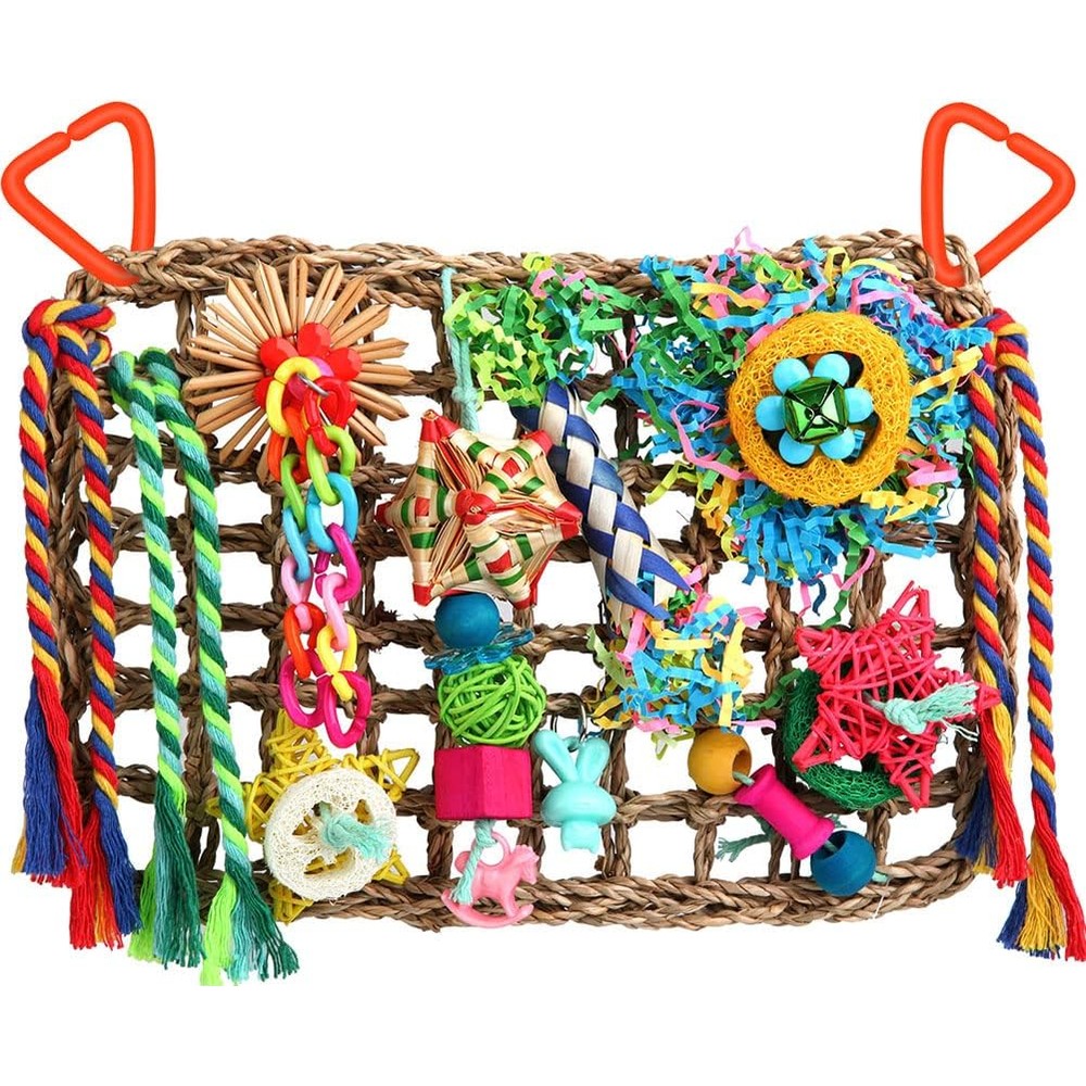 YIXUND Bird Foraging Toys Seagrass Wall Hanging Activity Center With Shredding Toys For Parakeets Cockatiels Conures And Lovebirds