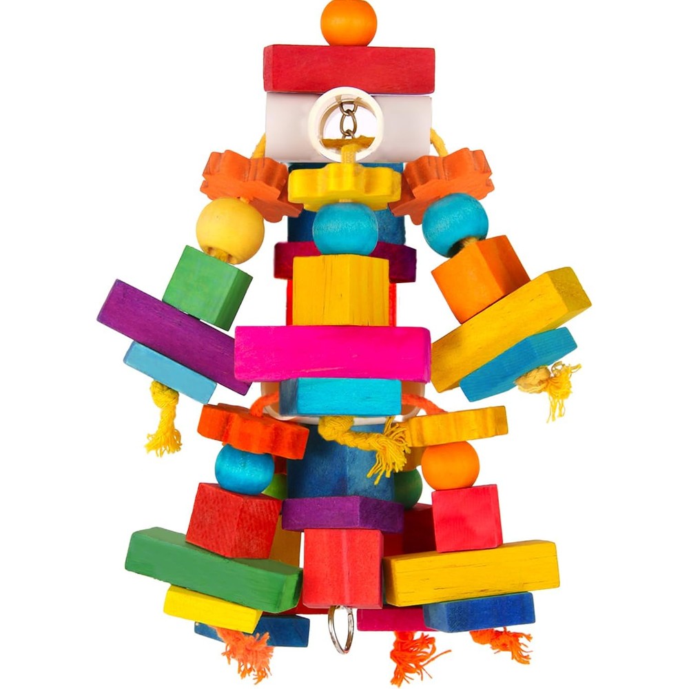 Kyouki Large Parrot Toy Multicolored Natural Wooden Blocks Chewing Cage Accessories For Macaws Cockatoos And African Greys