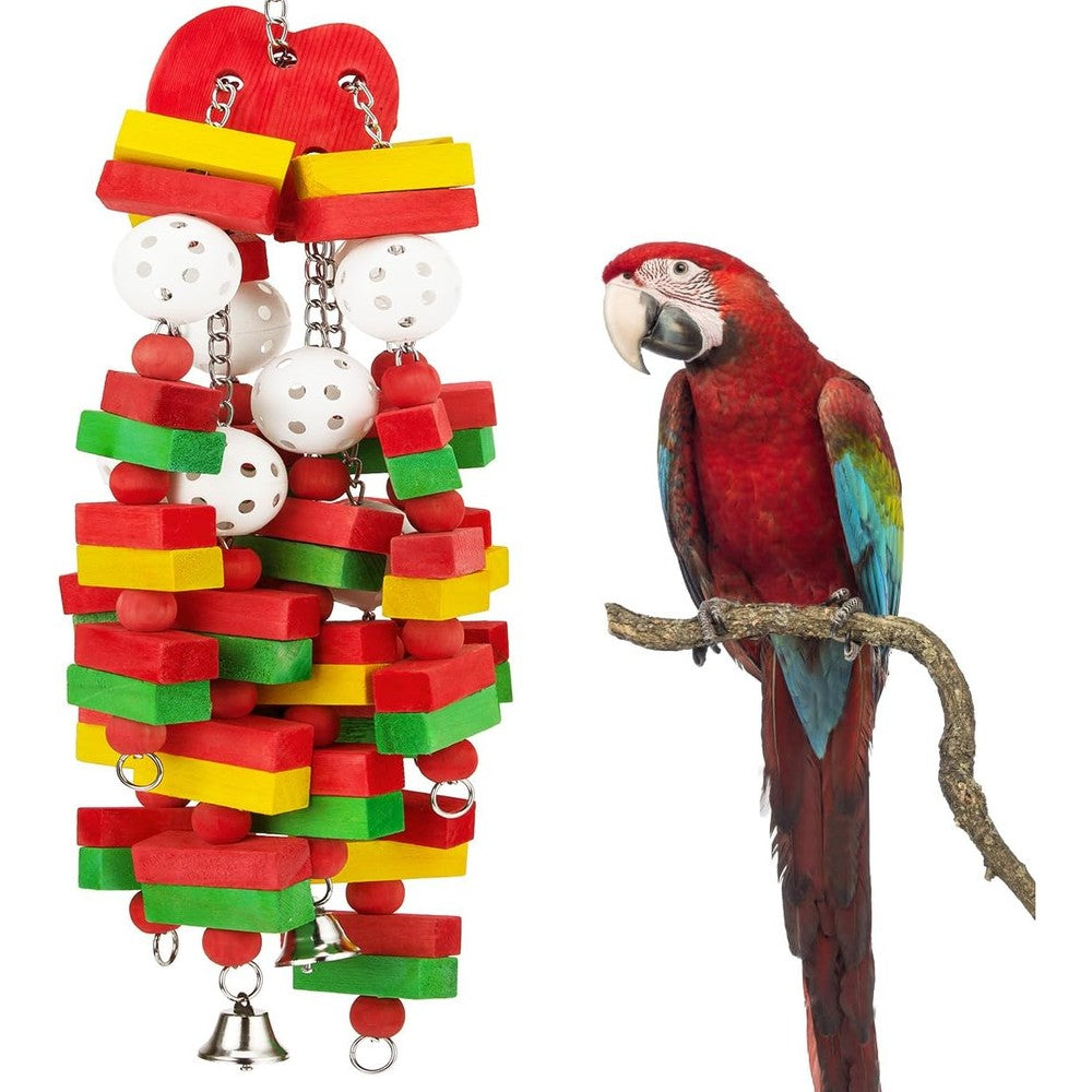 MEWTOGO Large Bird Parrot Toy For Cockatoos African Grey Macaws And Amazon Parrots Hanging Wooden Chewing Toy With Metal Bells 22 Inches