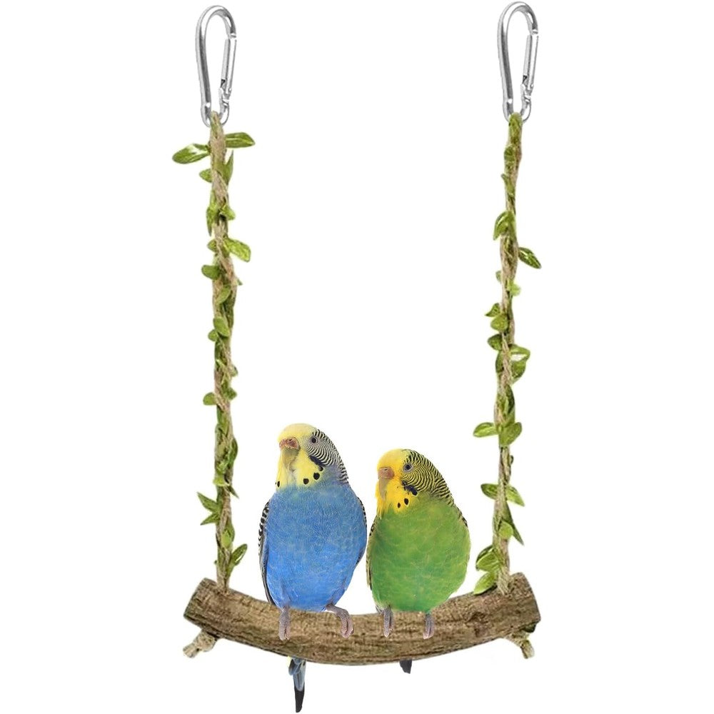 Hiwzitar Natural Wood Bird Swing Perch With Decorative Leaves Hanging Stand Platform Toy For Parakeets Cockatiels And Finches Seven Point One Inches
