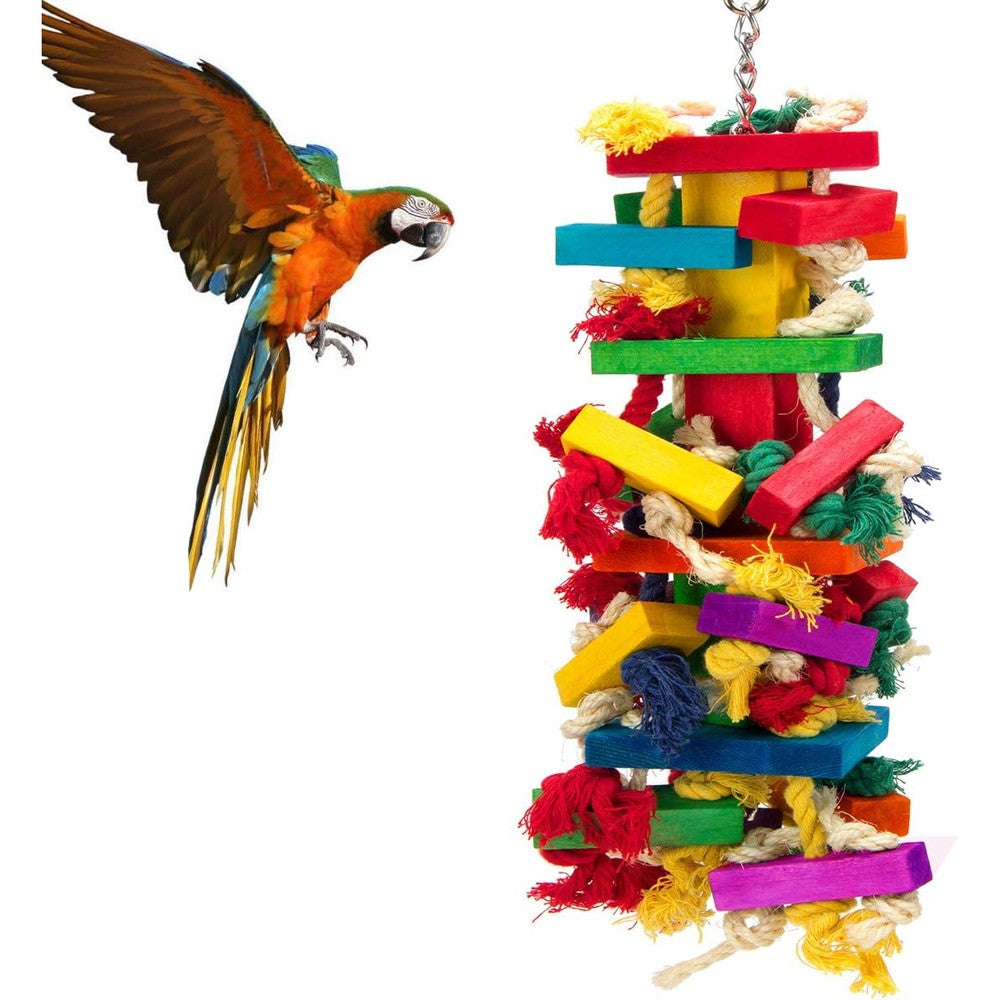 MEWTOGO Extra Large Natural Wood Bird Toy For Macaws African Grey Parrots Multicolored Wooden Block Chewing Toy With Cotton Rope Eighteen Inches