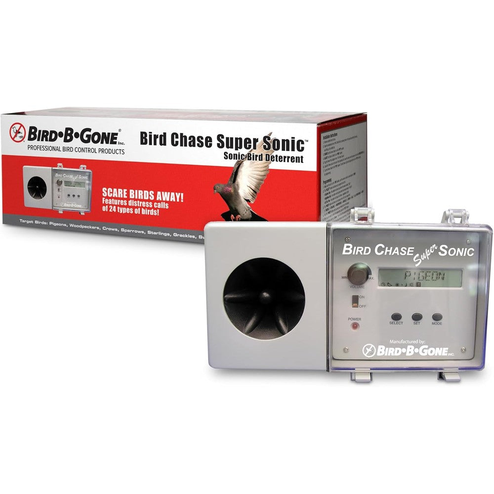Bird B Gone Bird Chase Super Sonic Outdoor Sound Repellent For Large Outside Spaces One Acre Coverage Programmable Weather Resistant Device