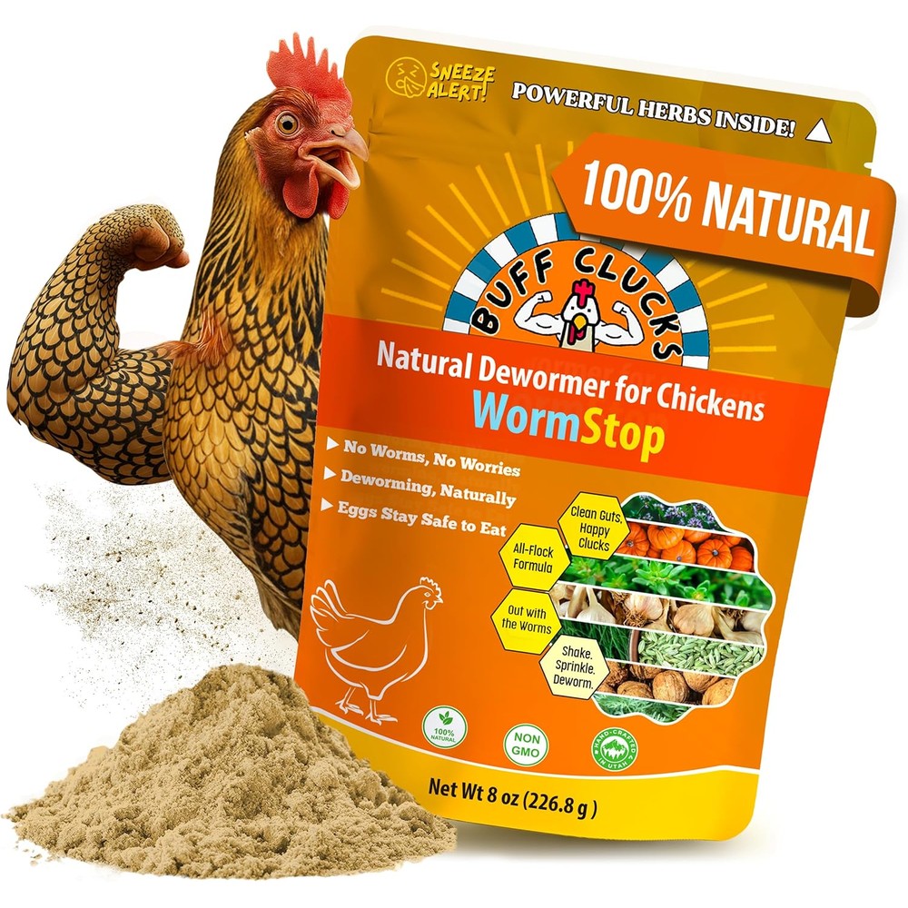 Buff Clucks WormStop Natural Chicken Dewormer Powder All Natural Herbal Blend For Daily Wellness Safe For Eggs 8 Ounce