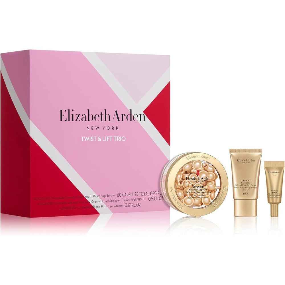Elizabeth Arden Advanced Ceramide Twist and Lift Trio Gift Set front view showing the serum capsules box and creams.