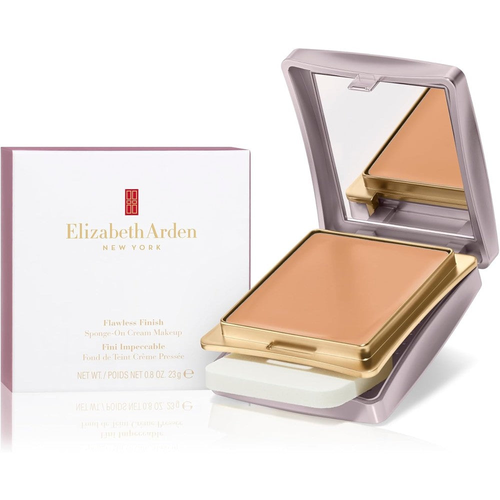 Elizabeth Arden Flawless Finish Sponge On Cream Foundation Makeup front view compact open with mirror