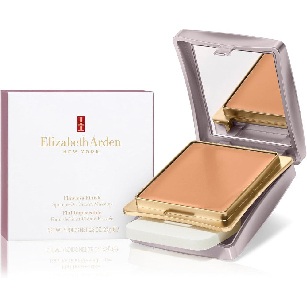 Elizabeth Arden Flawless Finish Sponge-On Cream Foundation front view showing the elegant gold compact packaging.