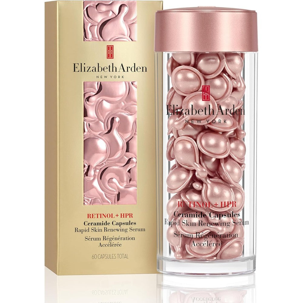 Elizabeth Arden Retinol Plus HPR Ceramide Rapid Skin Renewing Serum Capsules front view displaying the premium anti-aging packaging.