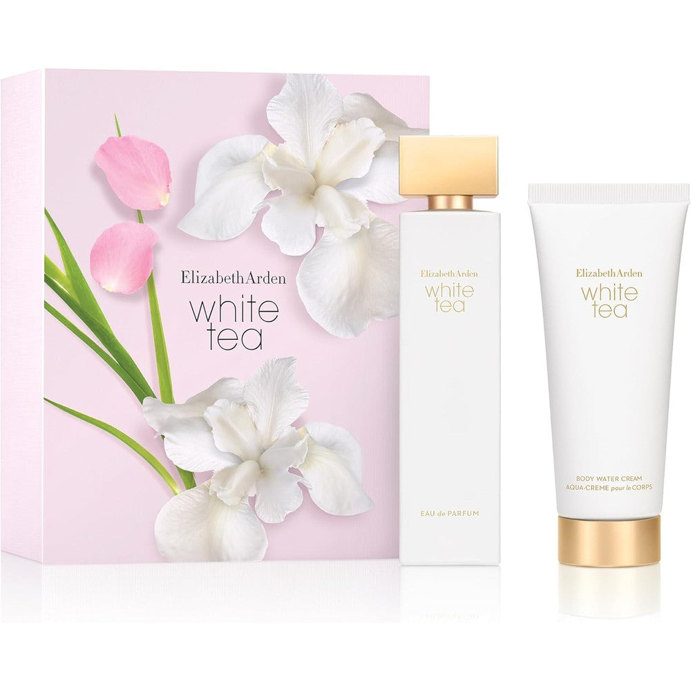 Elizabeth Arden White Tea Eau de Parfum gift set front view showing the perfume spray bottle and body cream container.