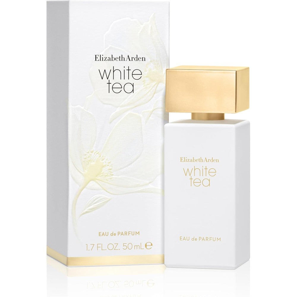 Elizabeth Arden White Tea Eau de Parfum front view of the minimalist white bottle and box.