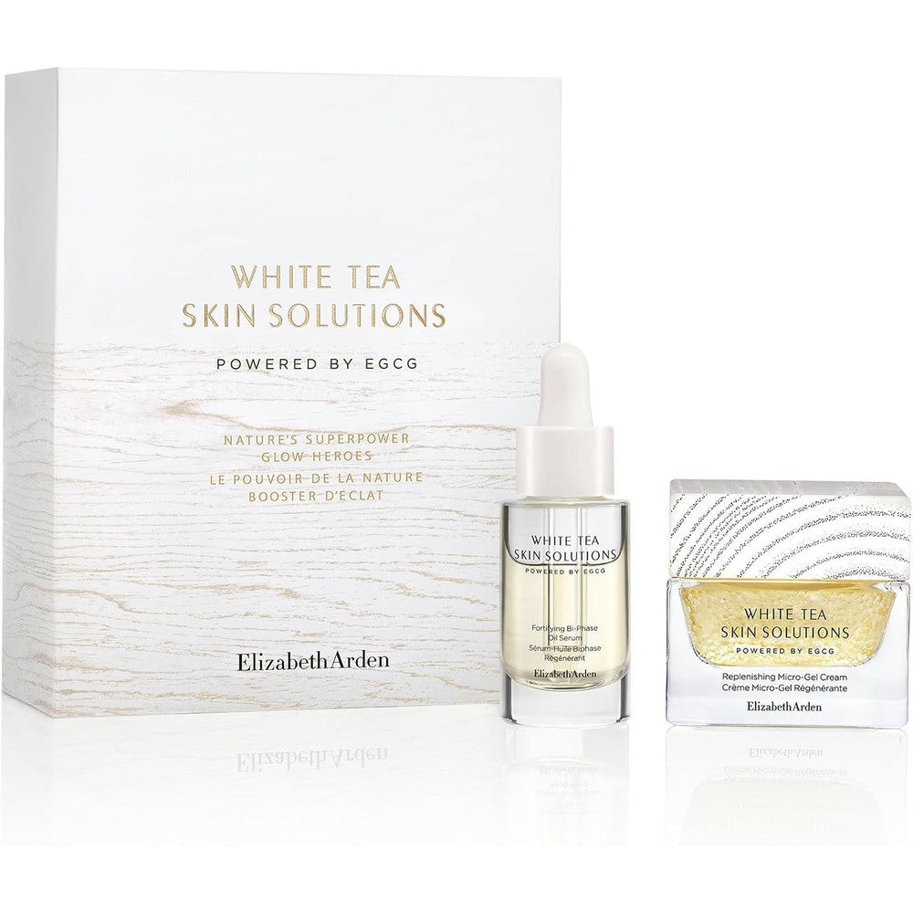 Elizabeth Arden White Tea Skin Solutions Glow Heroes 2-Piece Set front view showing the serum and cream packaging for brightened skin.