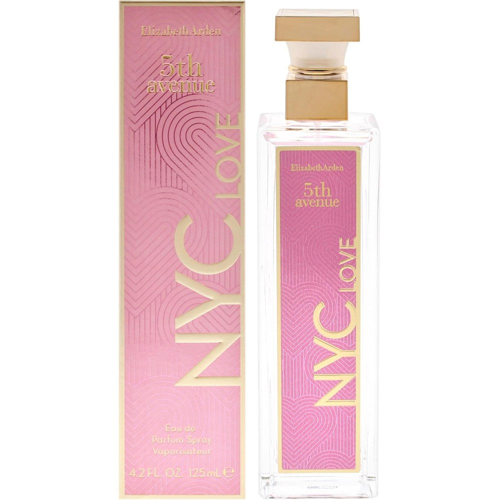 Elizabeth Arden 5th Avenue NYC Love perfume front view showing the clear glass bottle and gold cap.