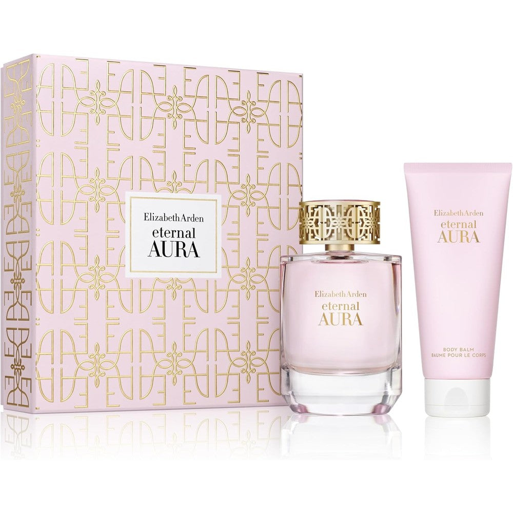 Elizabeth Arden Eternal Aura Gift Set front view showing the pink and gold monogrammed box containing the perfume and body balm.