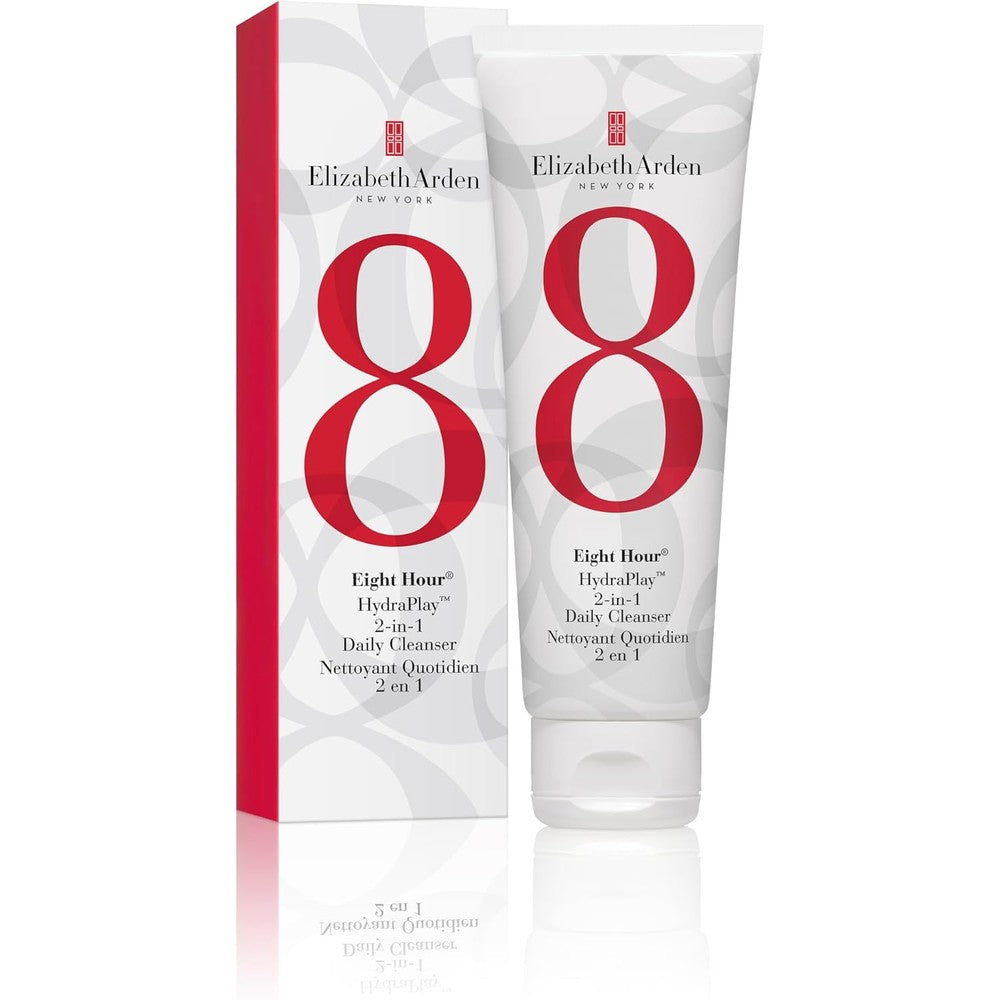 Elizabeth Arden Eight Hour HydraPlay 2-in-1 Daily Gentle Cleanser and Pore Minimizer Mask front view pack shot.