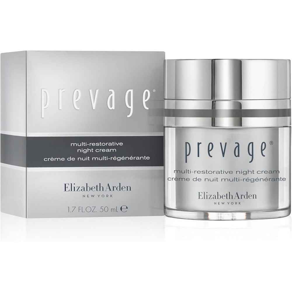 Elizabeth Arden PREVAGE Multi Restorative Night Face Cream front view of silver container