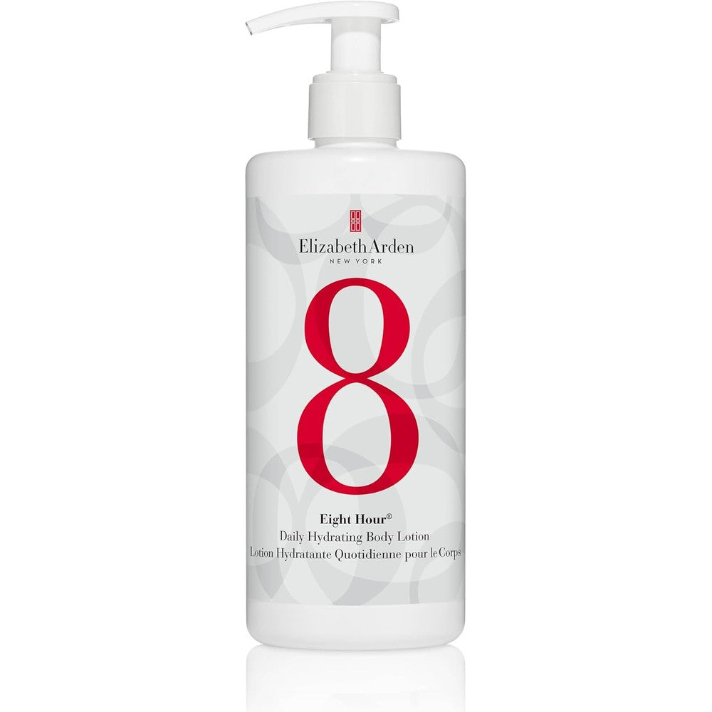 Elizabeth Arden Eight Hour Daily Hydrating Body Lotion front view showing the signature red number eight on a white pump bottle.