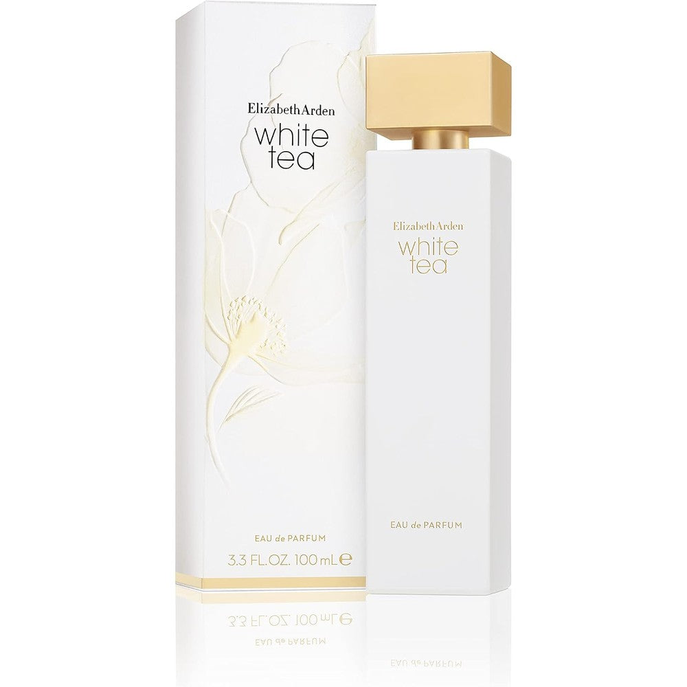 Elizabeth Arden White Tea Eau de Parfum front view showing the minimalist white bottle and gold cap.