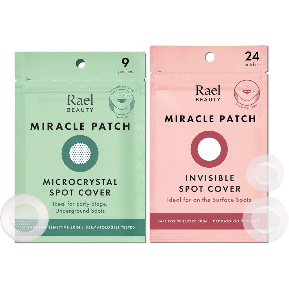 Rael Pimple Patches Invisible and Microcrystal Spot Cover box front view showcasing authentic Korean skincare technology for breakouts.