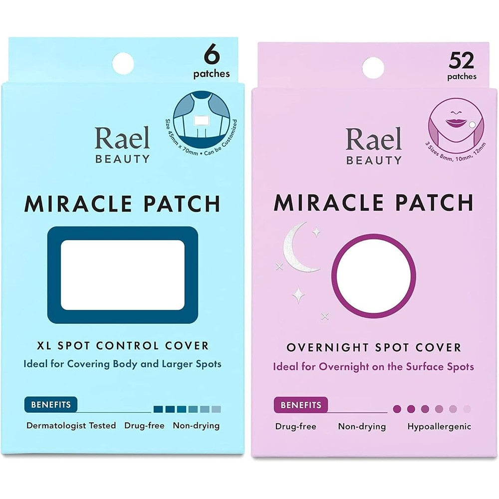 Rael Miracle Bundle pack front view showing the acne patch boxes
