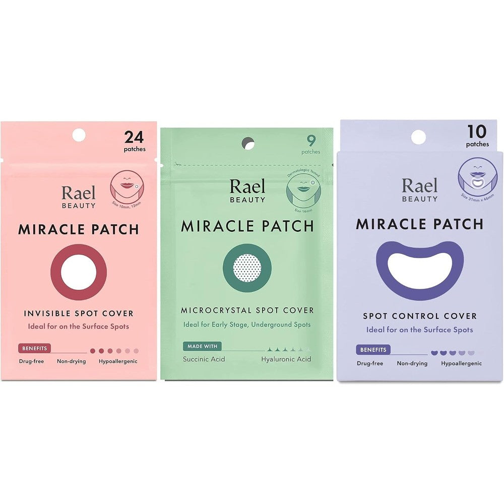 Rael Miracle Bundle front packaging showcasing the three types of hydrocolloid acne pimple patches.