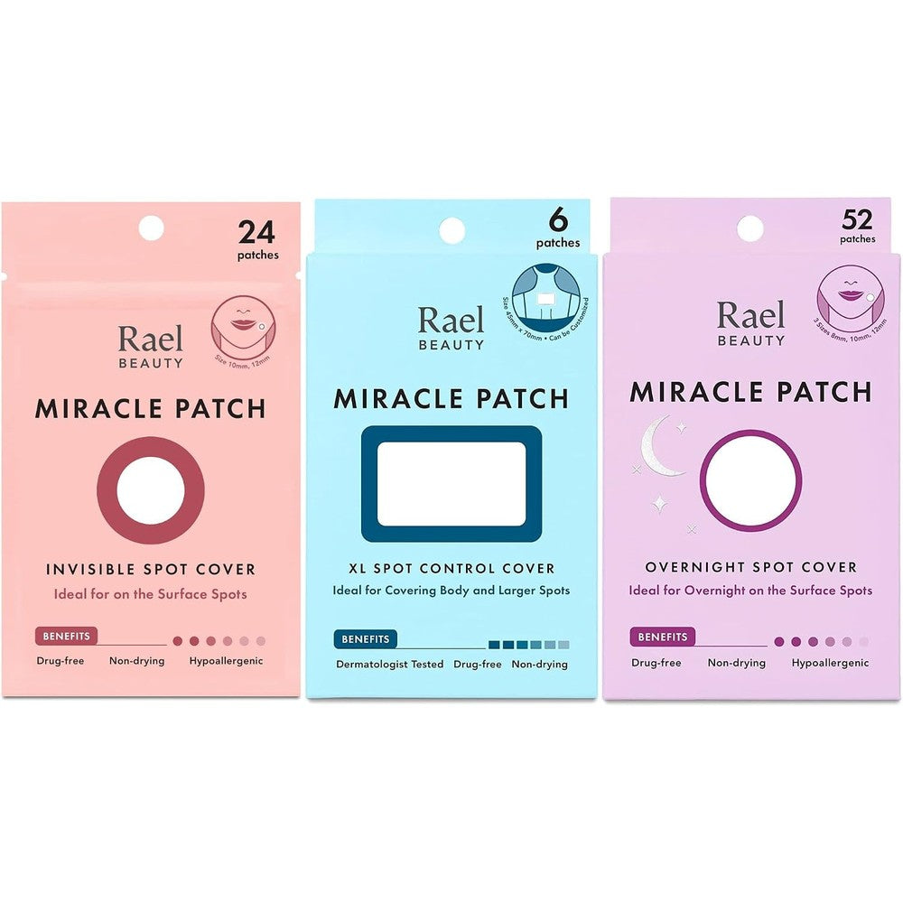 Rael Miracle Bundle front packaging showing three acne patch types for skincare routines.