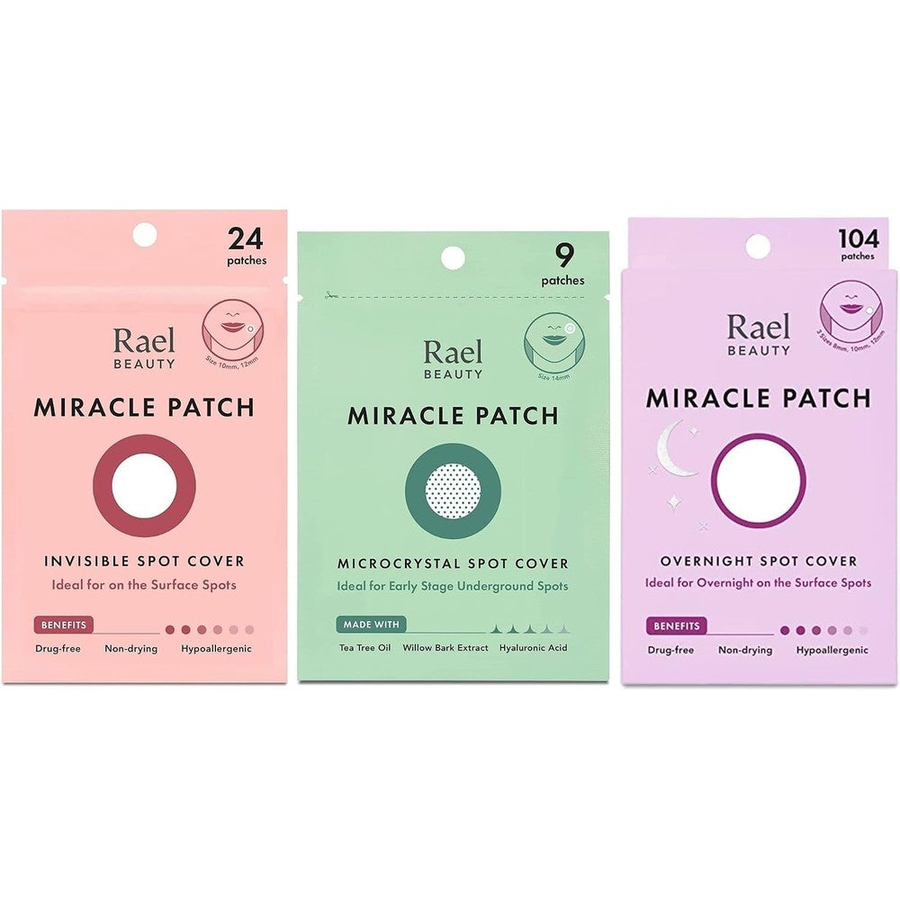 Rael Miracle Bundle acne patches front packaging view showing three distinct product packs