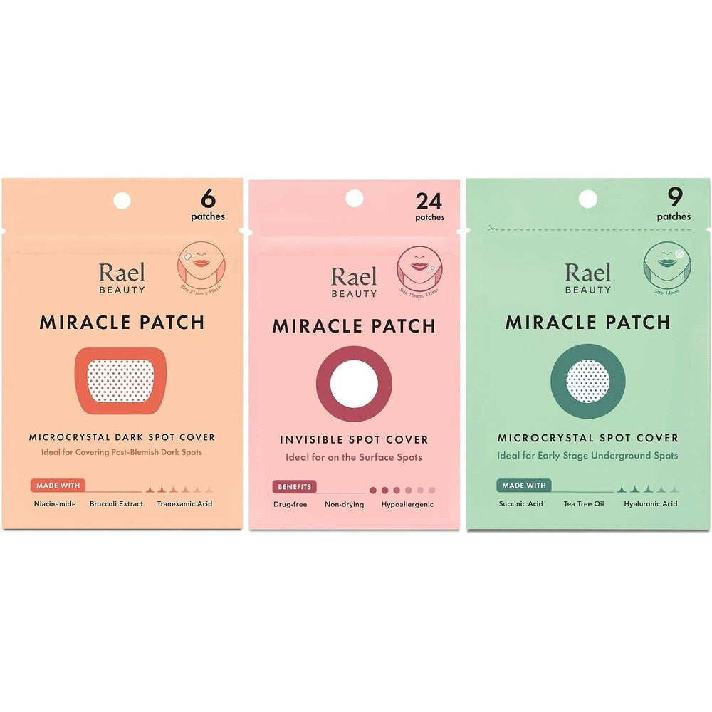Rael Miracle Bundle front view showing three different acne patch packages