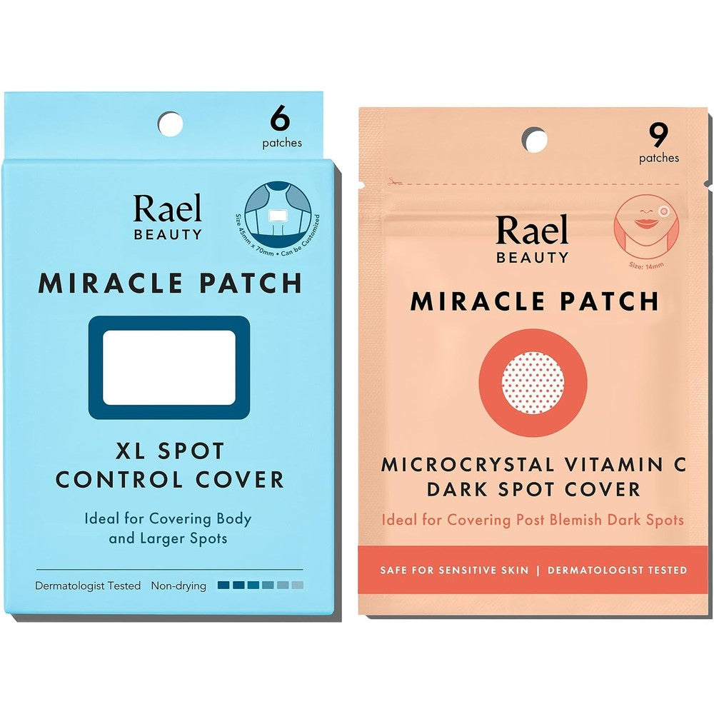 Rael Miracle Bundle front view showing the packaging for XL Spot Control Cover and Microcrystal Dark Spot Cover patches.