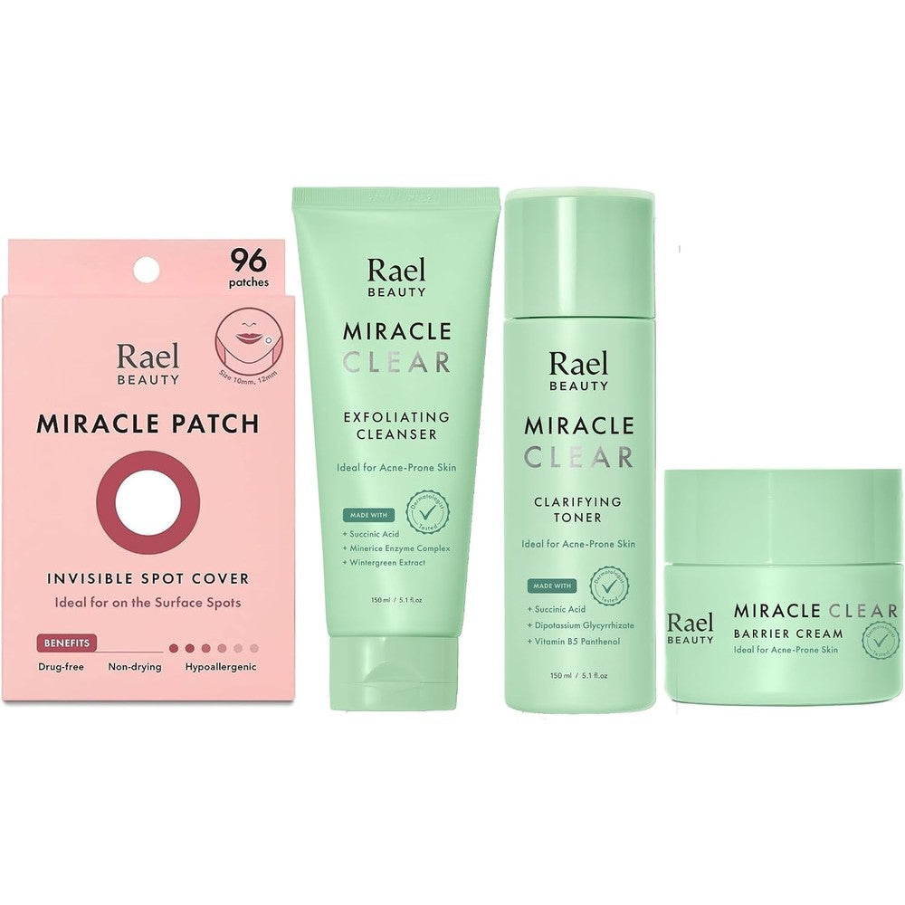 Rael Miracle Bundle complete four piece acne skincare routine set front view