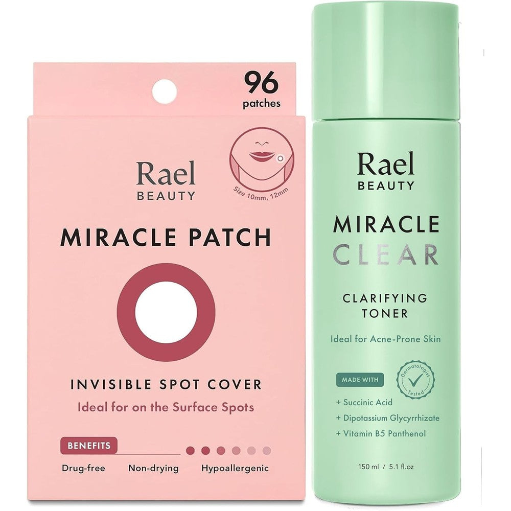 Rael Miracle Bundle front view featuring hydrocolloid pimple patches box and clarifying toner bottle.