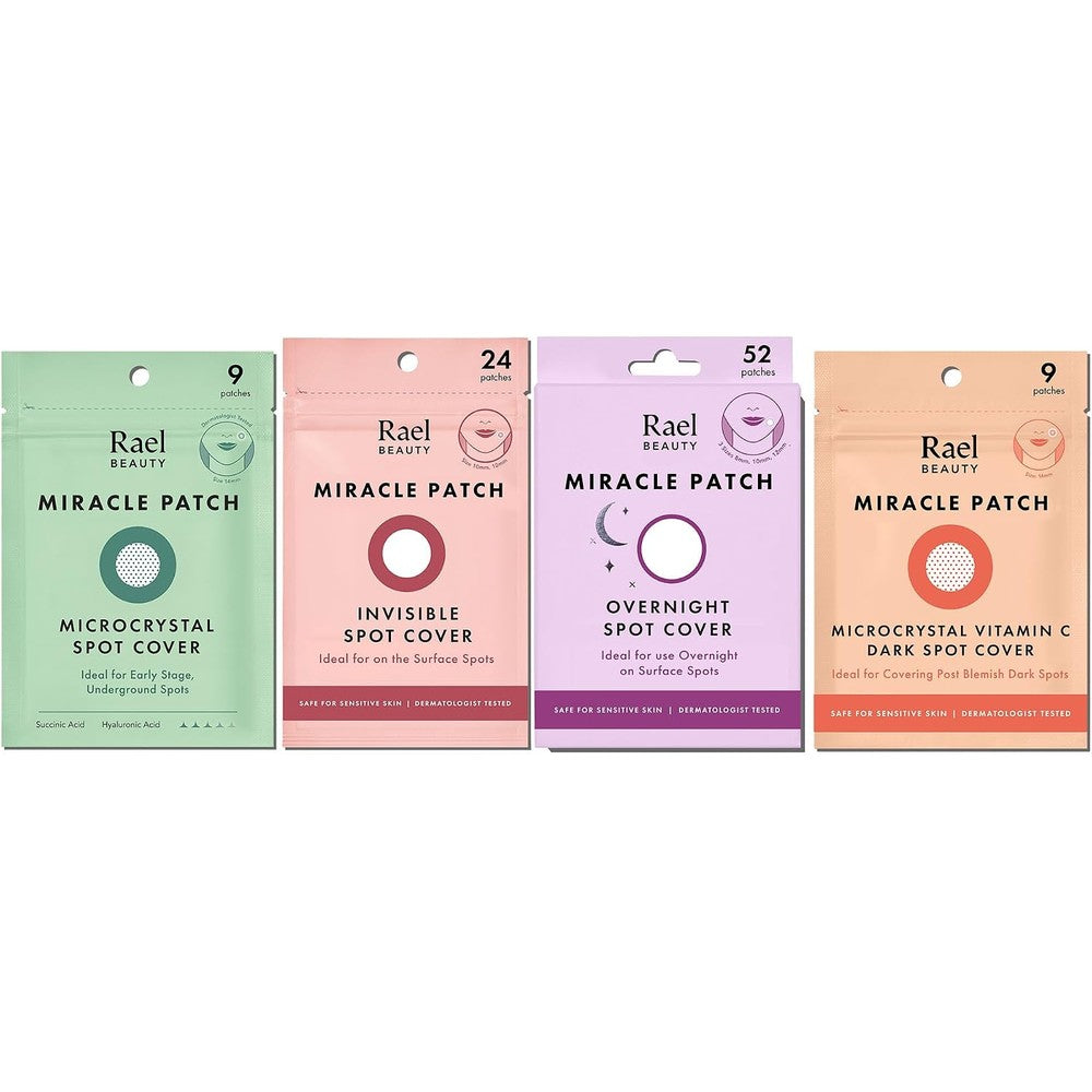 Rael Miracle Bundle four pack box front view showing all acne patch variants