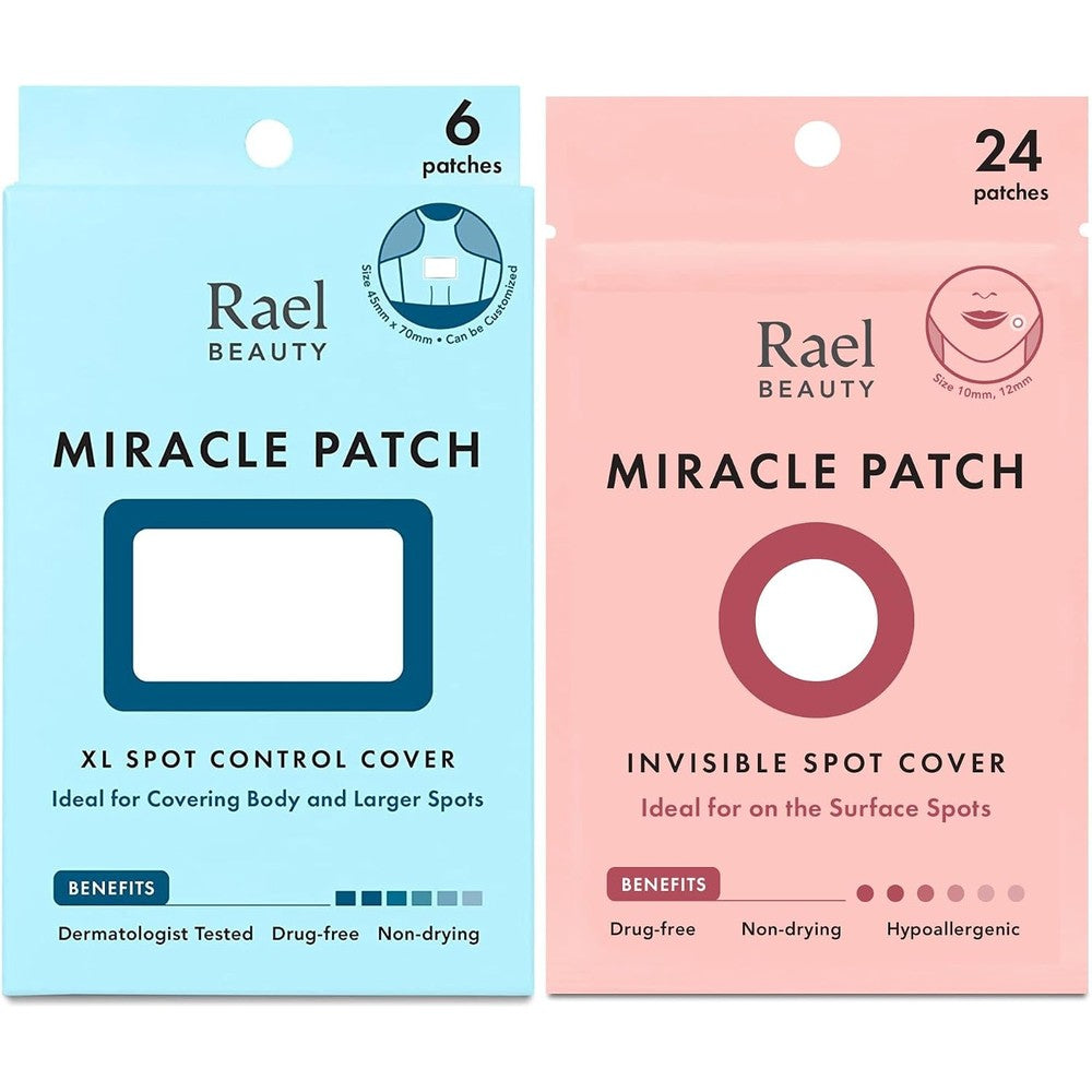 Rael Miracle Bundle front view packaging featuring hydrocolloid acne pimple patches.