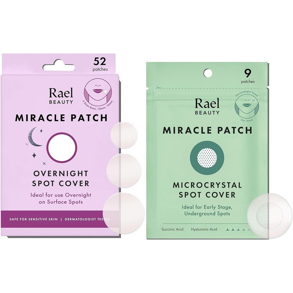 Rael Pimple Patches Early Stage And Night Bundle front packaging view featuring hydrocolloid acne spot covers