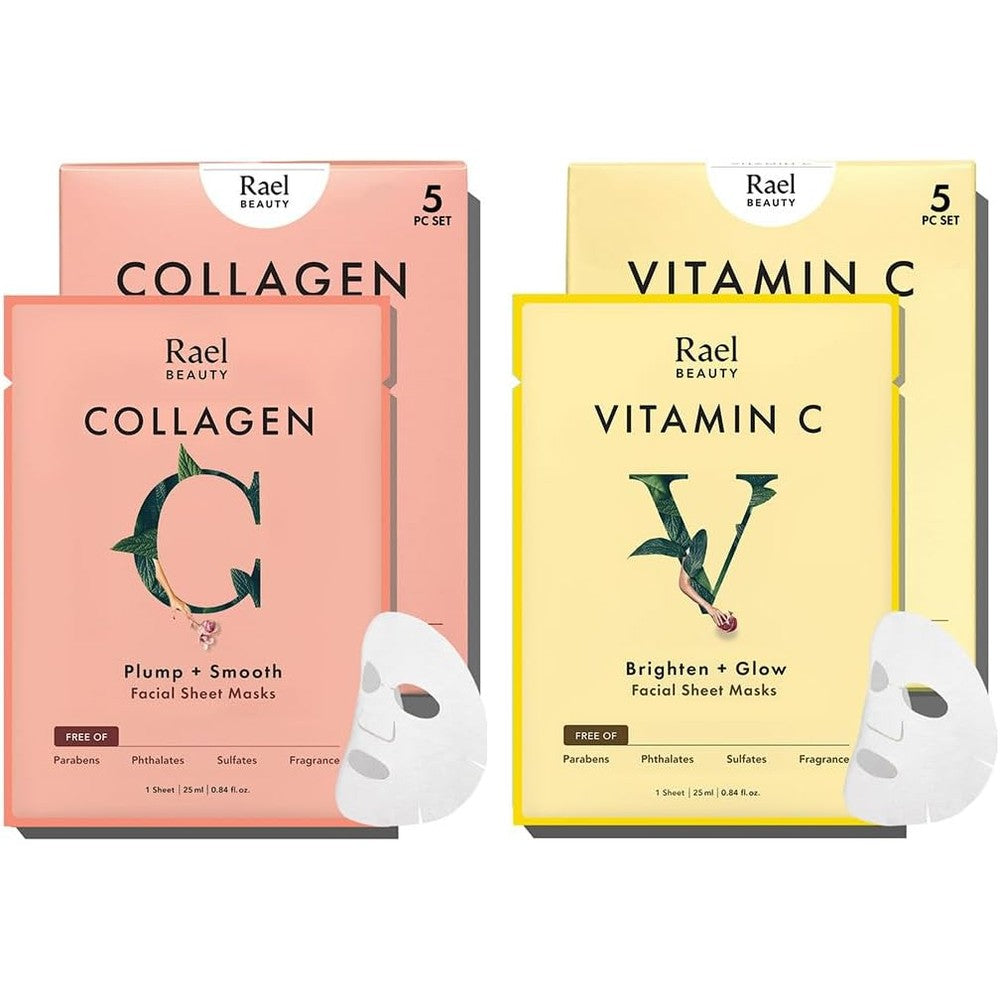 Rael Face Mask Skin Care Bamboo Facial Sheet Mask Korean Skincare Pack For All Skin Types Collagen And Vitamin C Combo Set Ten Sheets