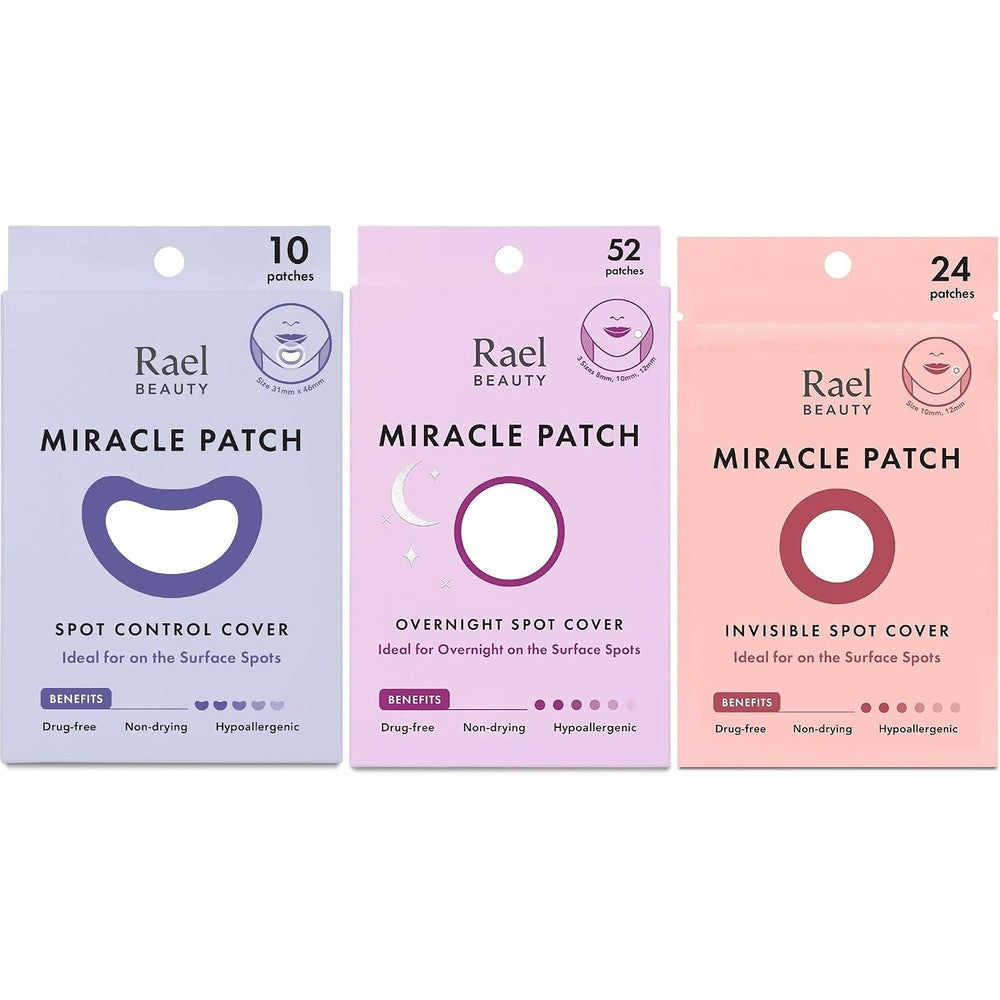 Rael pimple patches face trio set front view packaging showcasing the three different acne spot cover styles.