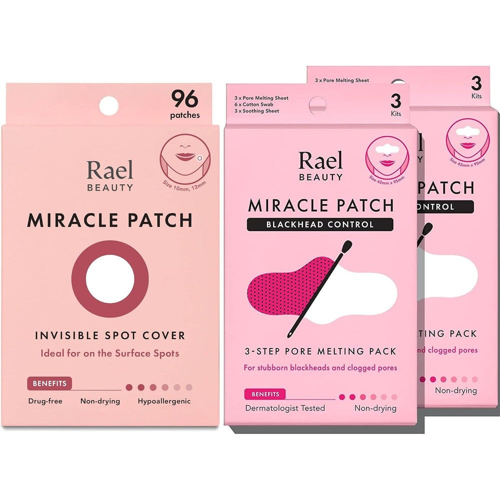 Rael Miracle Bundle front view featuring acne patches and pore melting pack