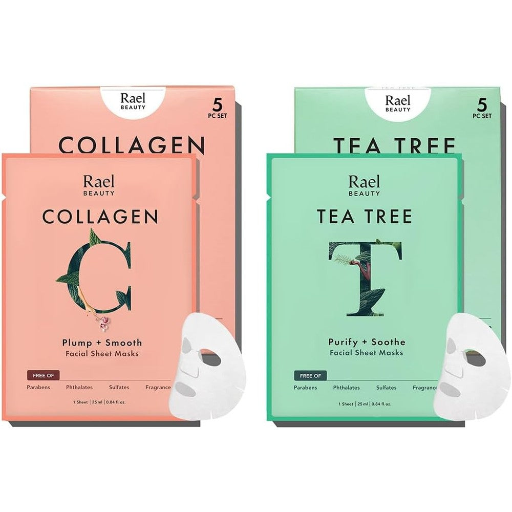 Rael Face Mask Skin Care Bamboo Facial Sheet Mask Korean Skincare Variety Pack For All Skin Types Collagen And Tea Tree Ten Sheets