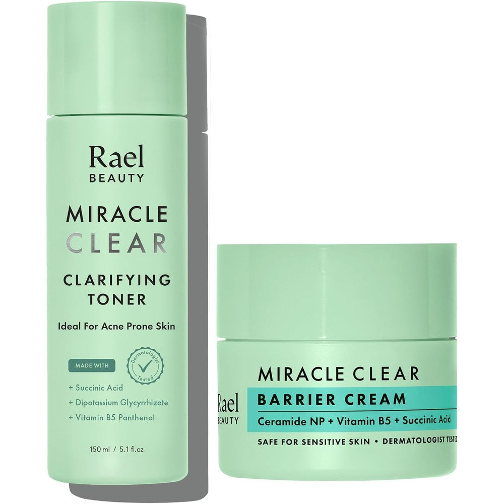 Rael Miracle Clear Bundle front view showing clarifying toner and barrier cream packaging for acne care