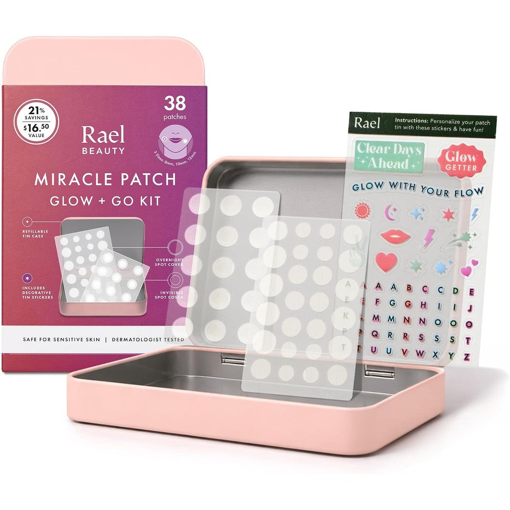 Rael Beauty Miracle Patch Glow Plus Go Kit front view displaying the pink refillable tin case.